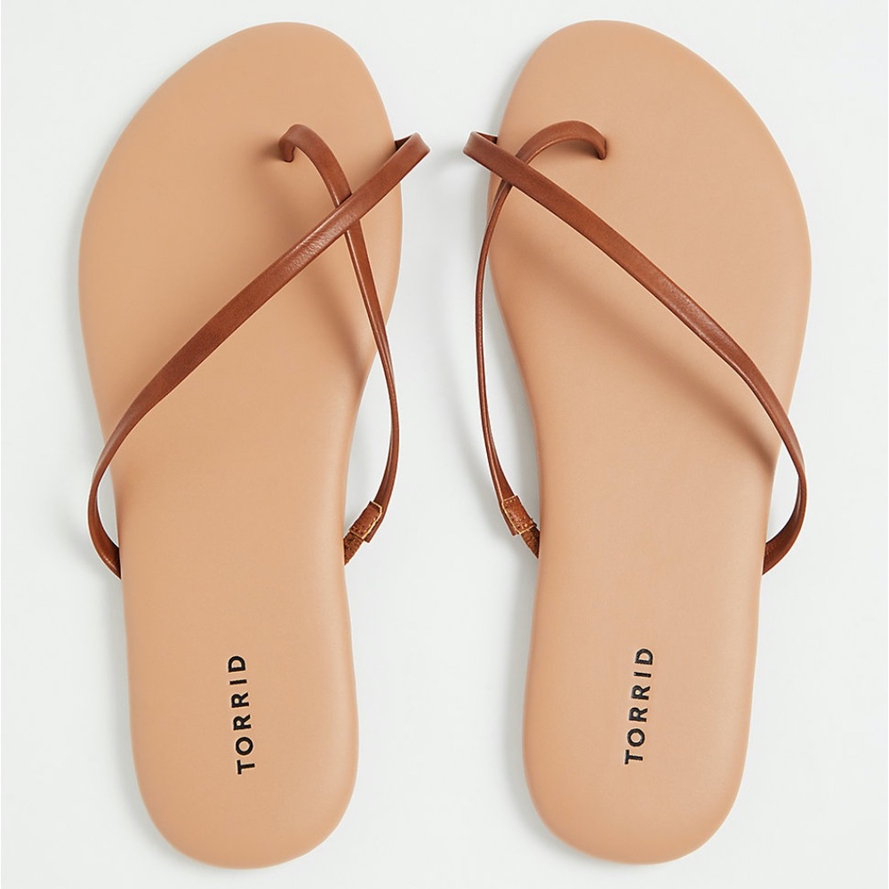 cognac faux leather crisscross flip flops